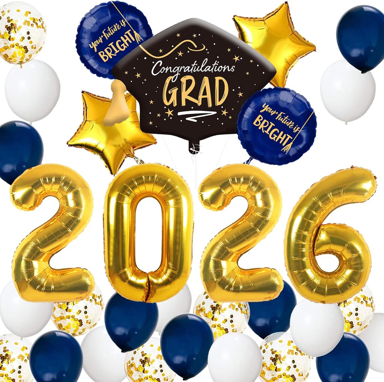 Graduation Party Decorations Kit 2026 – Gold Number Foil Balloons, Congrats Grad Banner, Navy, Gold & White Balloon Set for High School, College, and University Graduation
